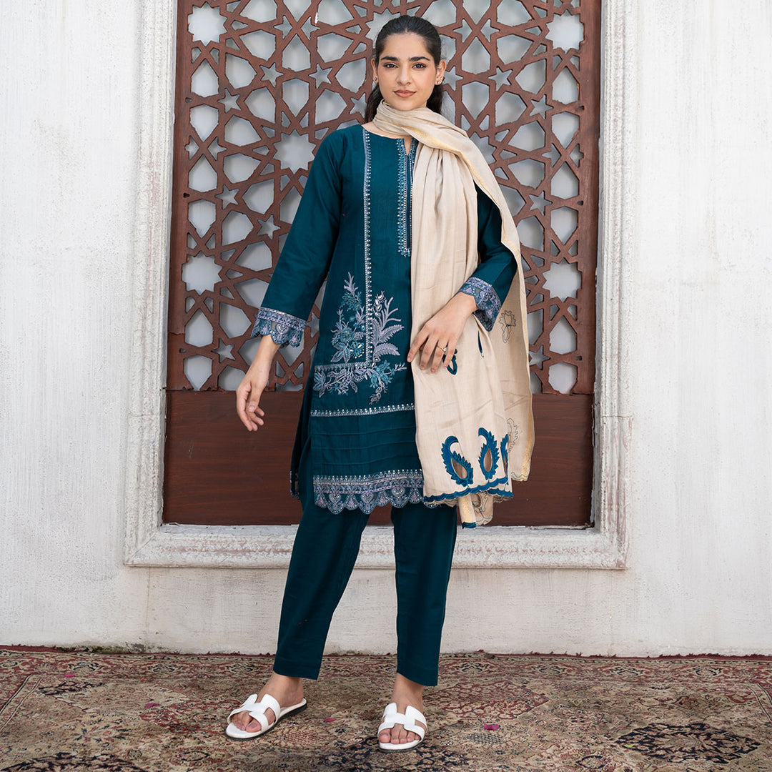 3-PC Embroidered Shirt Slub Khaddar Trouser with Wool Shawl