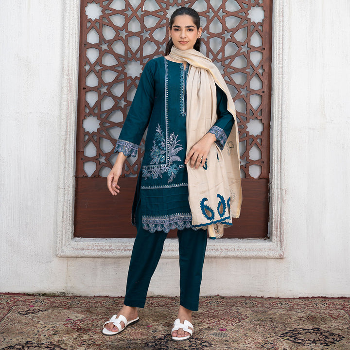 3-PC Embroidered Shirt Slub Khaddar Trouser with Wool Shawl