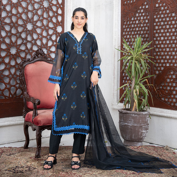 3-PC  Embroidered Net Shirt &Silk Trouser with Net Duppata