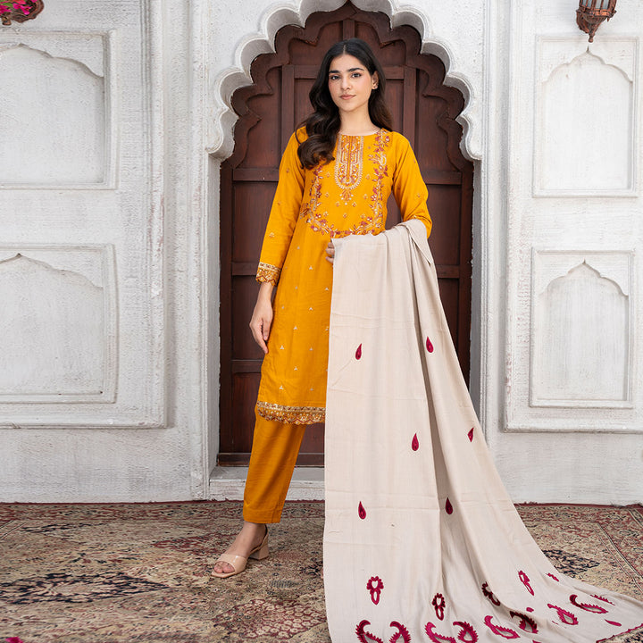 3-PC Embroidered Shirt Slub Khaddar Trouser with Wool Shawl