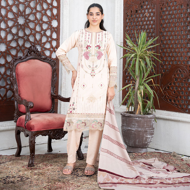 3-PC Embroidered Shirt Slub Khaddar Trouser with Wool Shawl