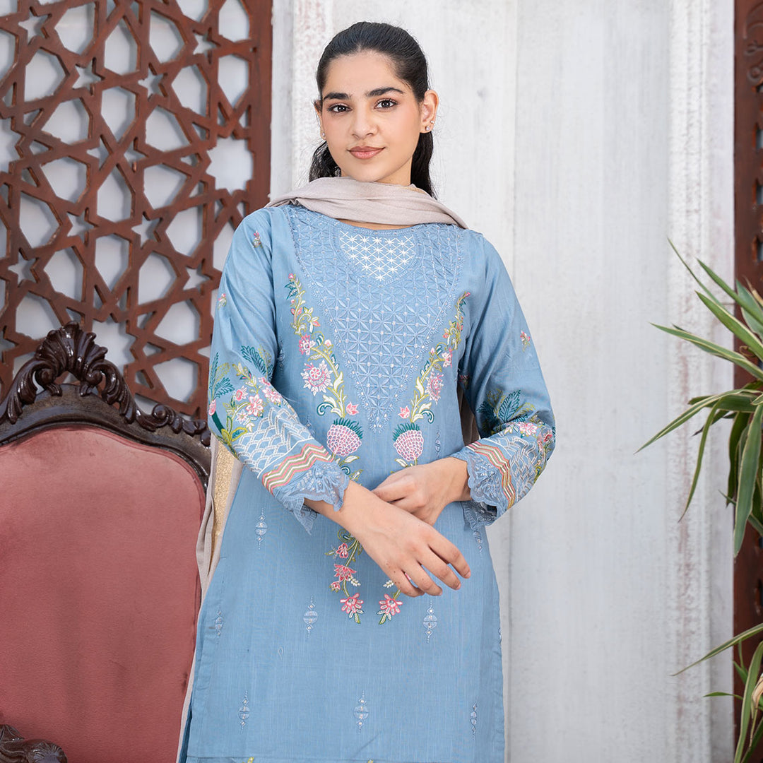 3-PC Embroidered Shirt Slub Khaddar Trouser with Wool Shawl