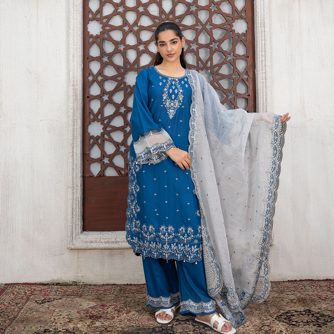3-PC Embroidered Shirt Linen Trouser & Dupatta