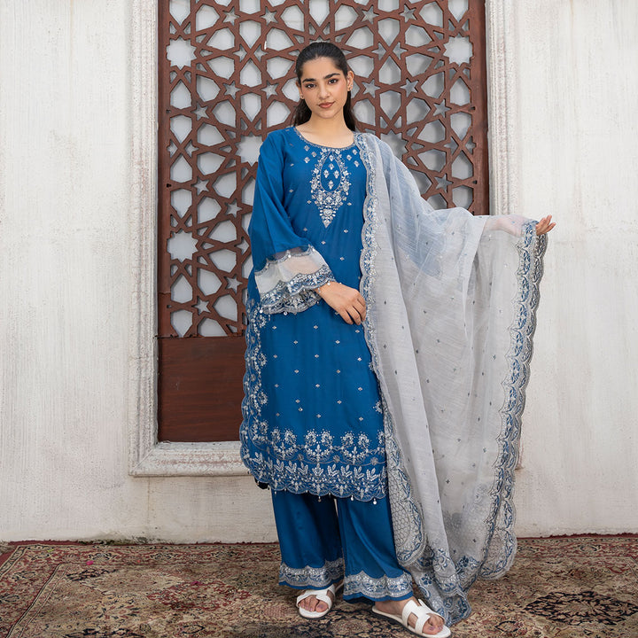 3-PC Embroidered Shirt Linen Trouser & Dupatta