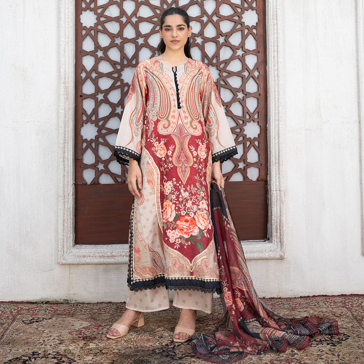 3-PC Printed Silk Shirt silk Trouser with Silk Dupatta