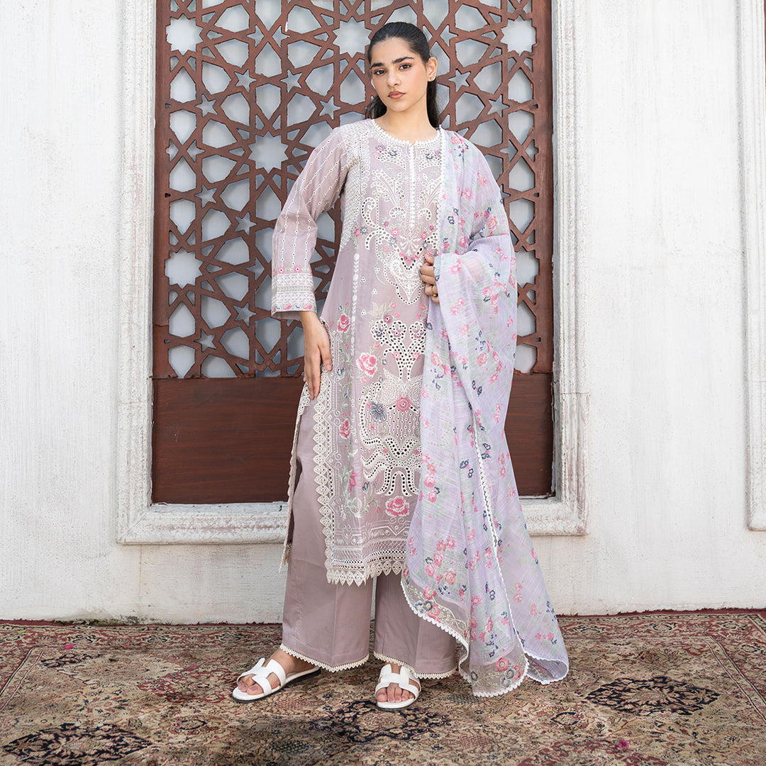 3-PC Embroidered Lawn Shirt  Lawn Trouser with Leno Kara Dupatta