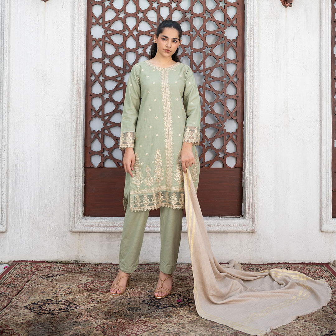 3-PC Embroidered Shirt Slub Khaddar Trouser with Wool Shawl