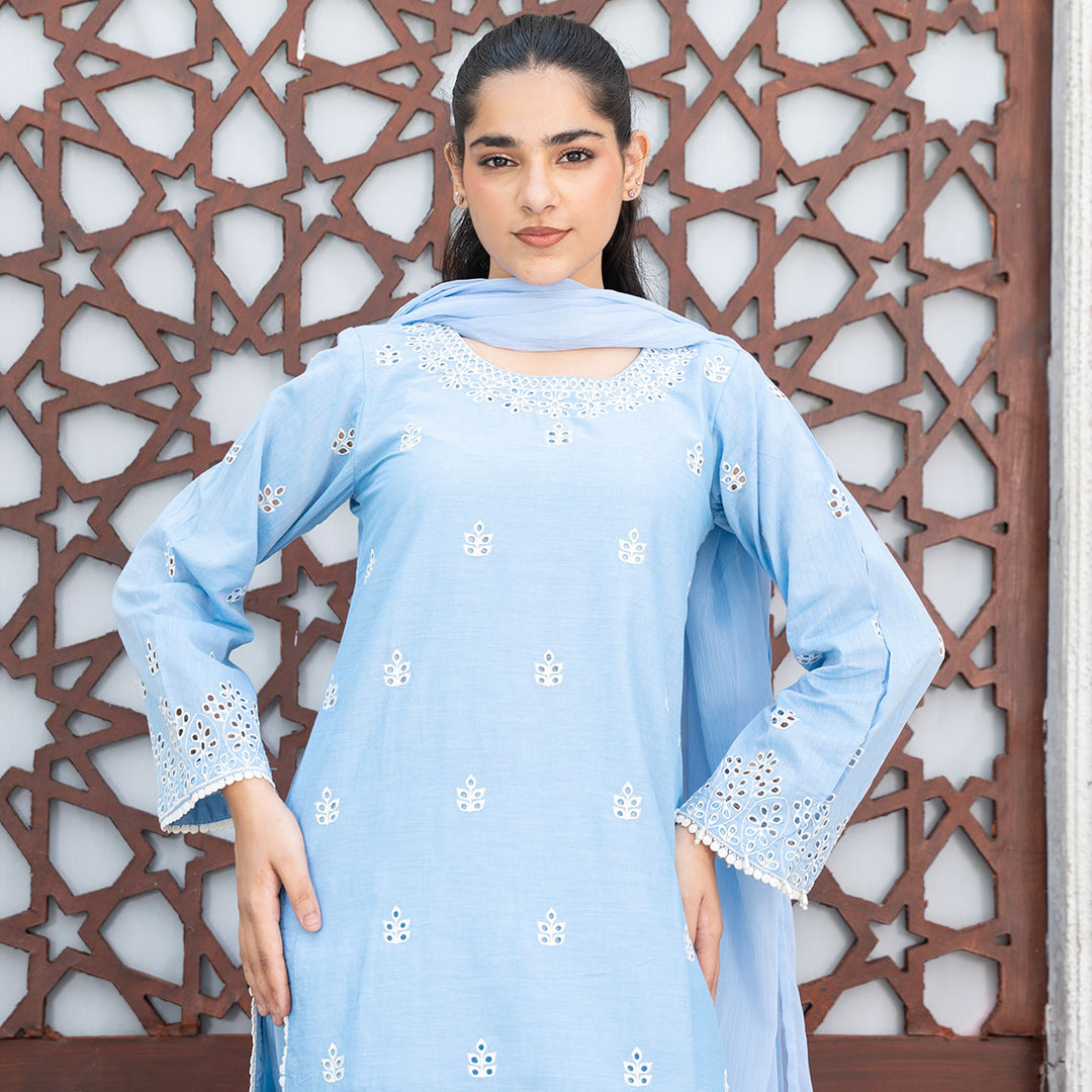 3-PC Embroidered Chamrey Shirt &Trouser with Chiffon Dupatta