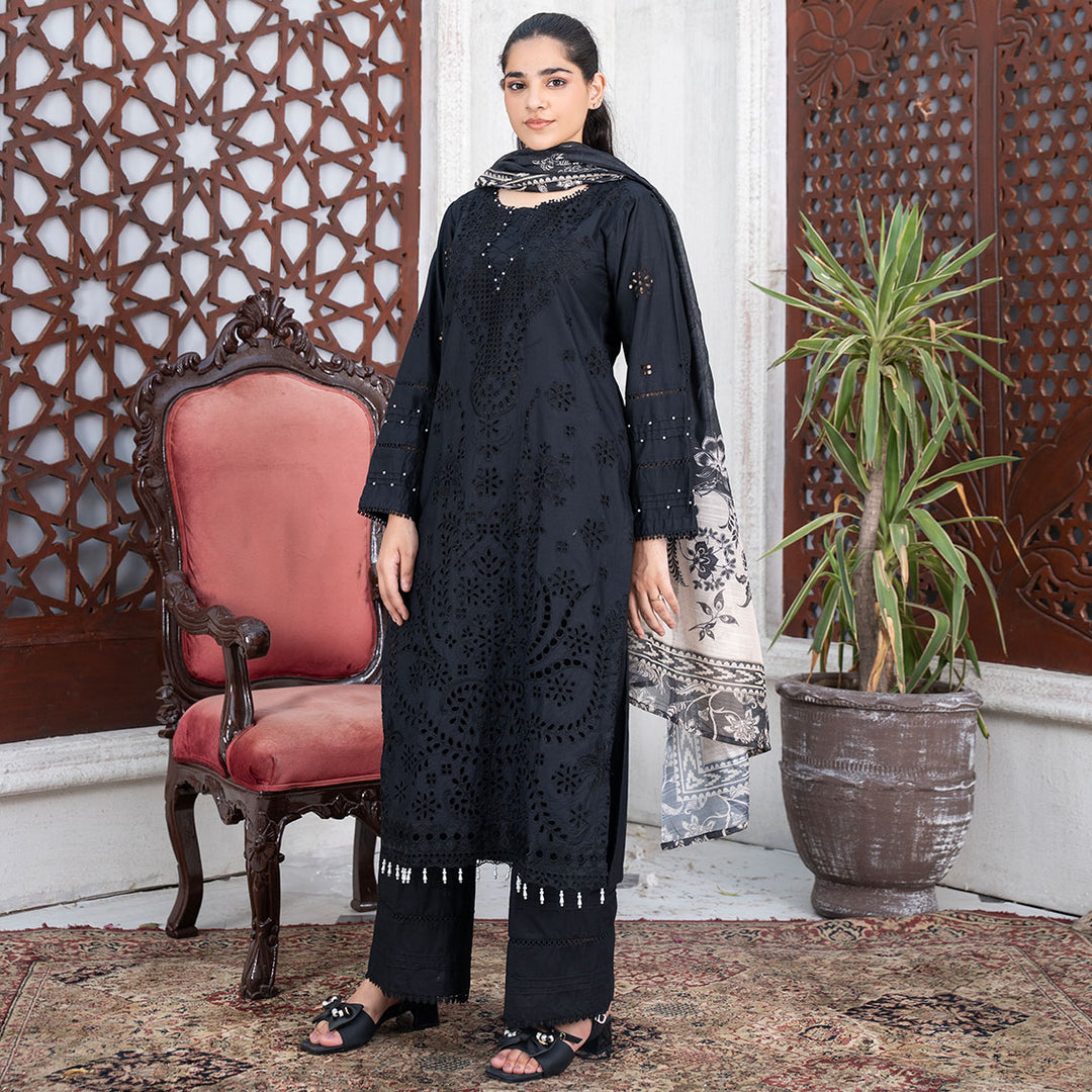 3-PC Embroidered Lawn Shirt  Lawn Trouser with Leno Kara Dupatta