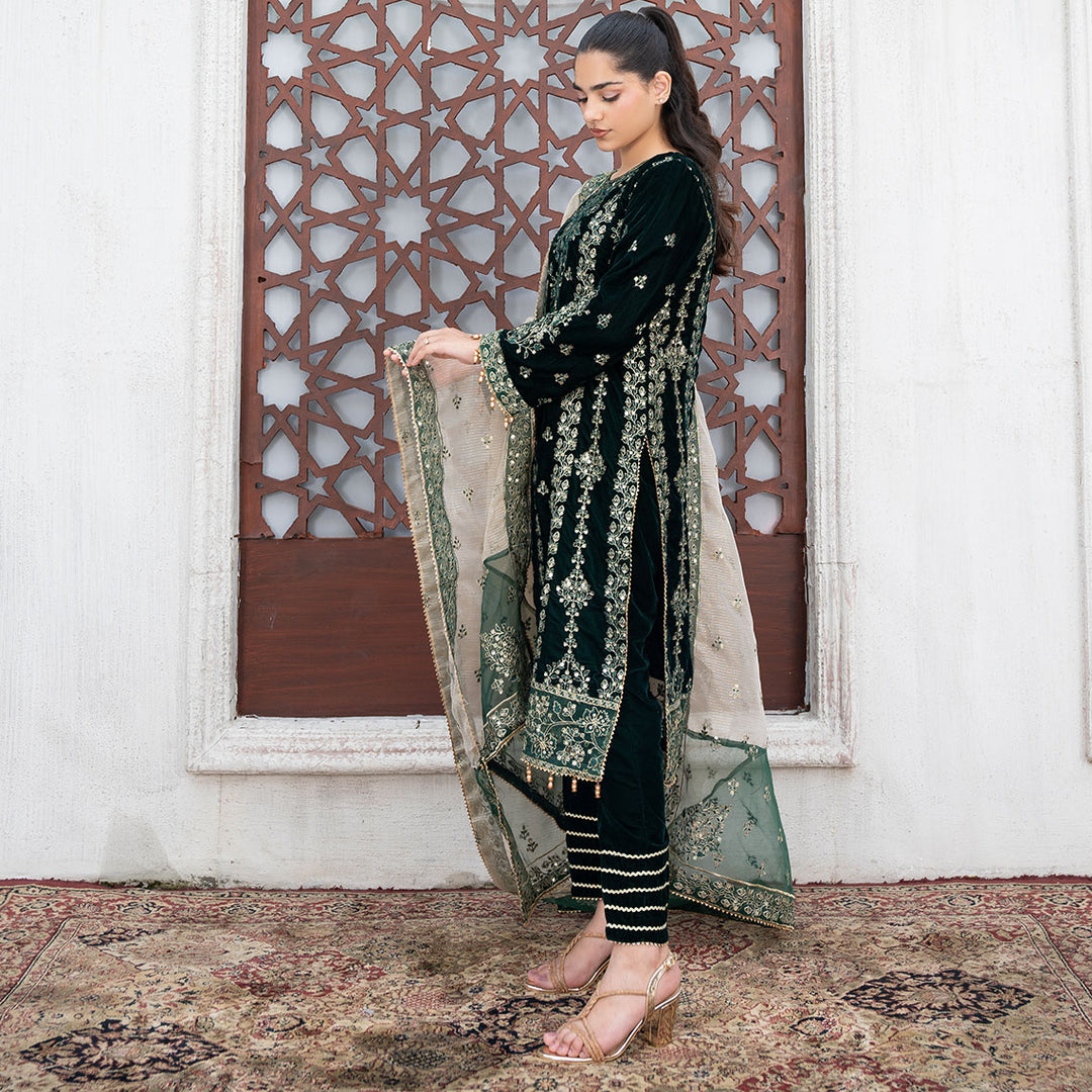 3-PC Velvet Shirt & Trouser with Striper Duppata