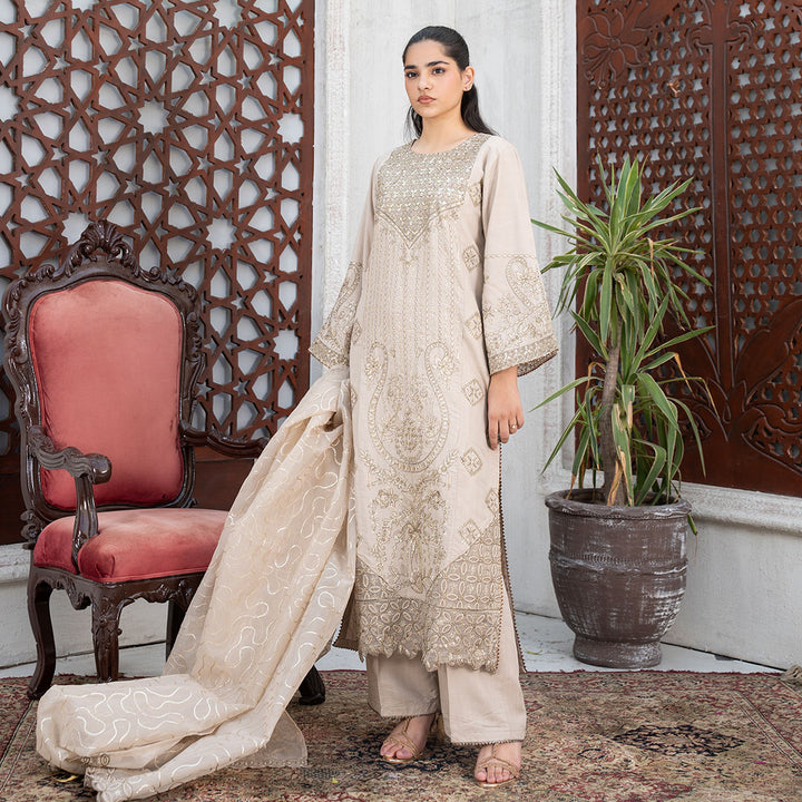 3-PC Embroidered Linen Shirt Trouser& Organza Duppata