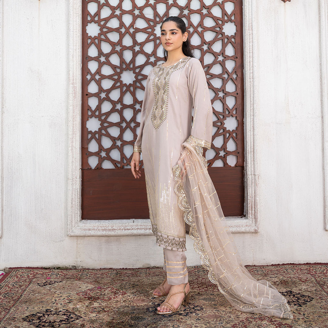 3-PC Embroidered Shirt Raw Silk Trouser& Net Dupatta
