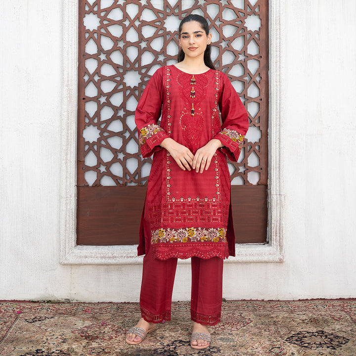 2-PC Embroidered Shirt &Cambric Trouser