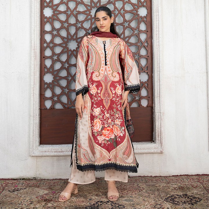3-PC Printed Silk Shirt silk Trouser with Silk Dupatta