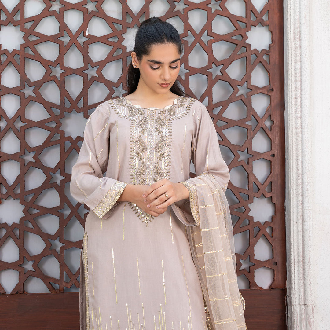 3-PC Embroidered Shirt Raw Silk Trouser& Net Dupatta