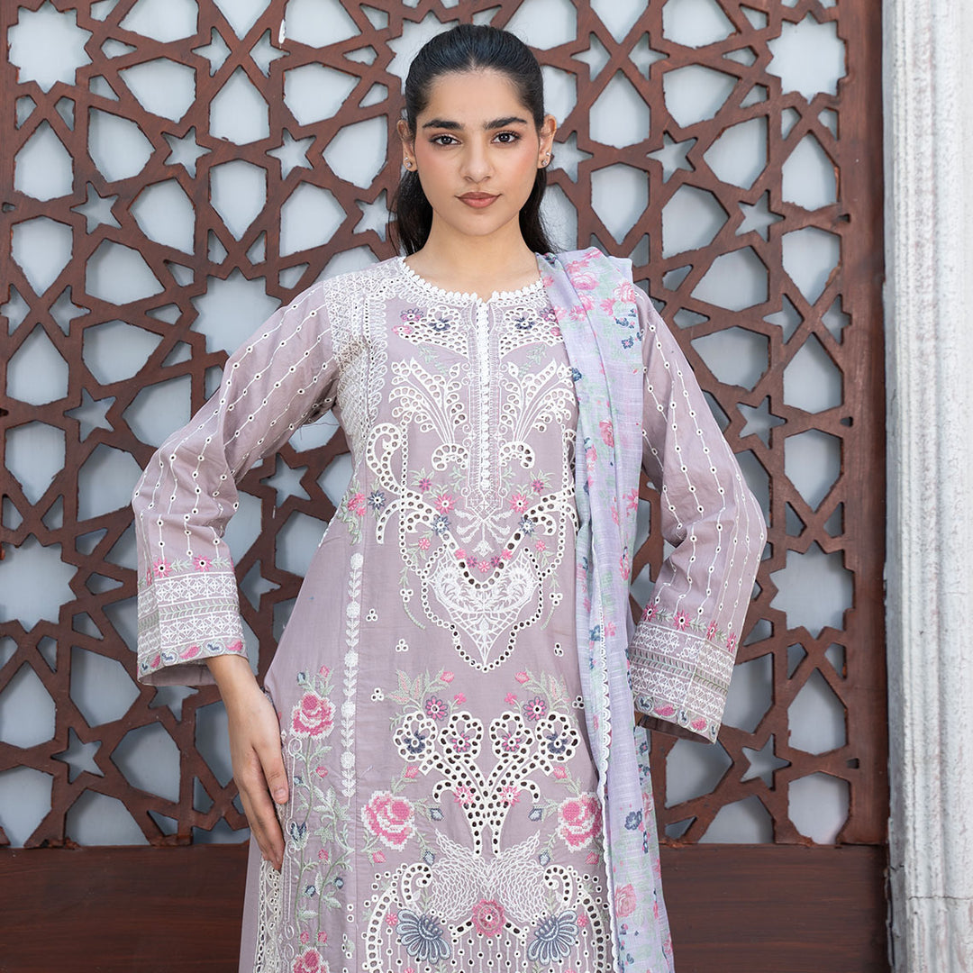 3-PC Embroidered Lawn Shirt  Lawn Trouser with Leno Kara Dupatta
