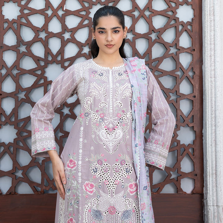 3-PC Embroidered Lawn Shirt  Lawn Trouser with Leno Kara Dupatta