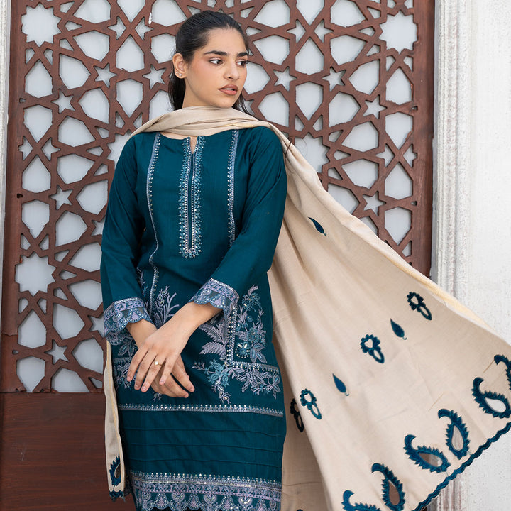 3-PC Embroidered Shirt Slub Khaddar Trouser with Wool Shawl