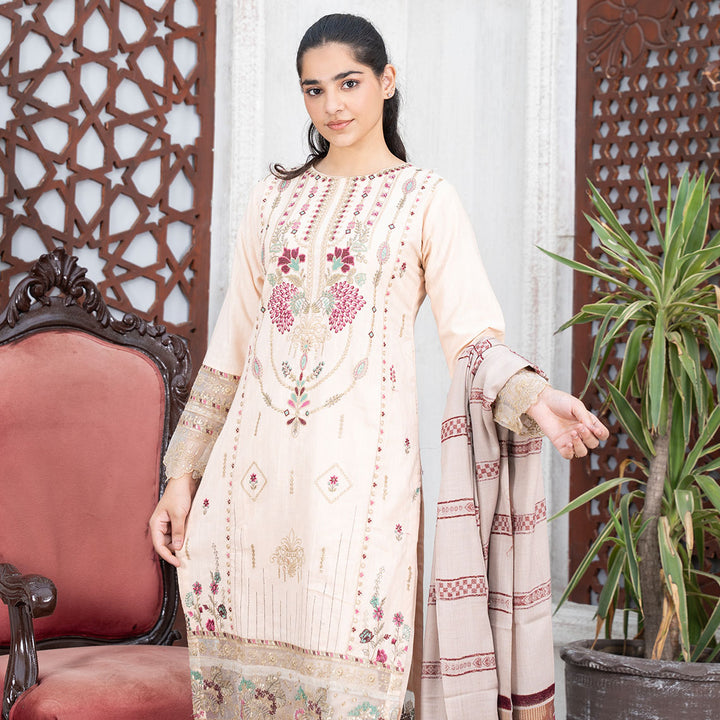 3-PC Embroidered Shirt Slub Khaddar Trouser with Wool Shawl