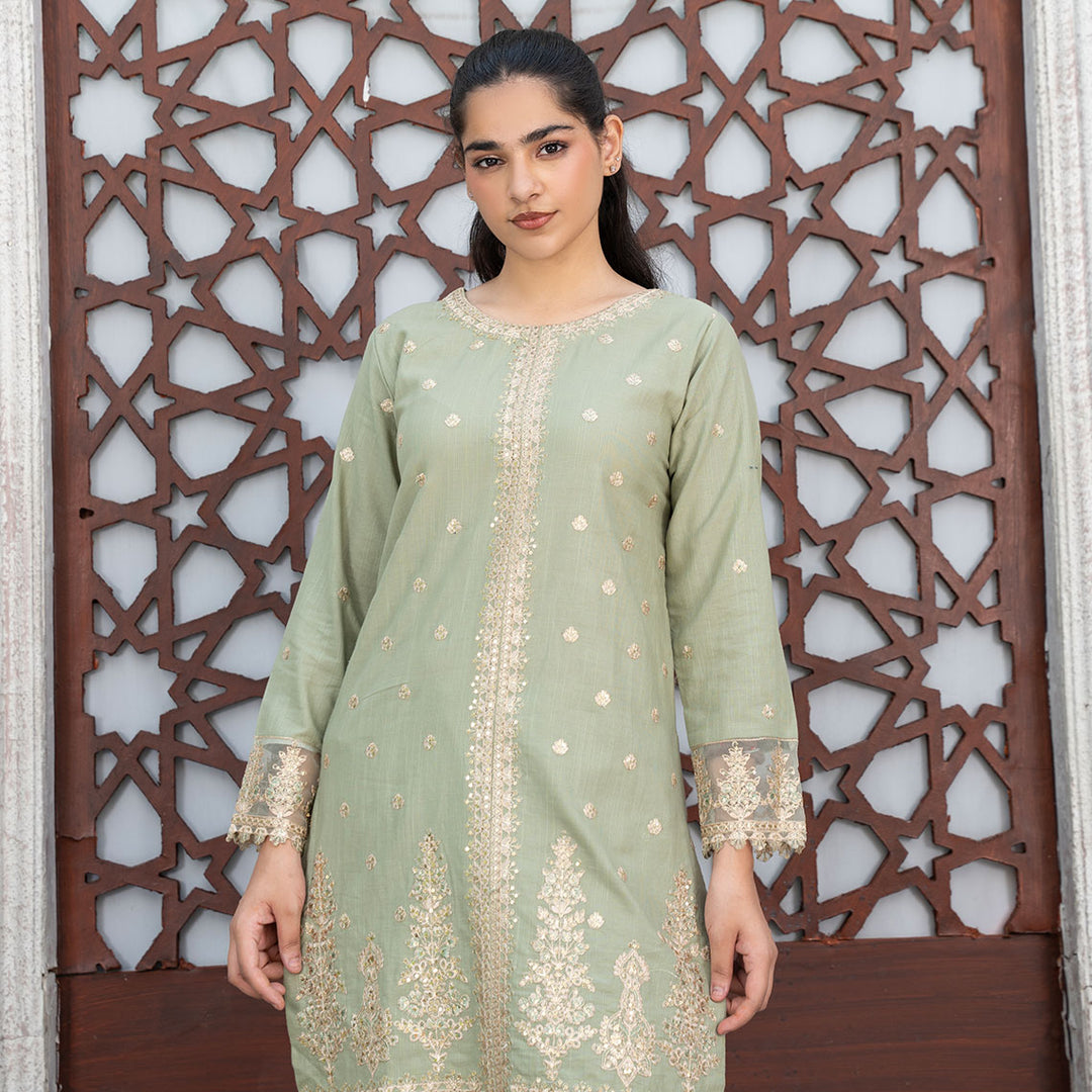 3-PC Embroidered Shirt Slub Khaddar Trouser with Wool Shawl