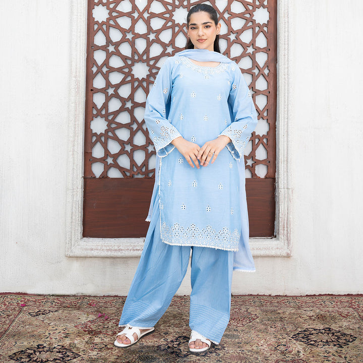 3-PC Embroidered Chamrey Shirt &Trouser with Chiffon Dupatta