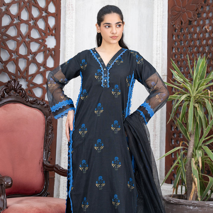 3-PC  Embroidered Net Shirt &Silk Trouser with Net Duppata