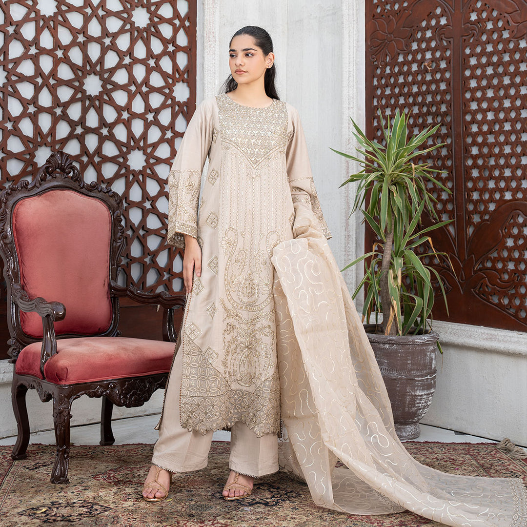 3-PC Embroidered Linen Shirt Trouser& Organza Duppata