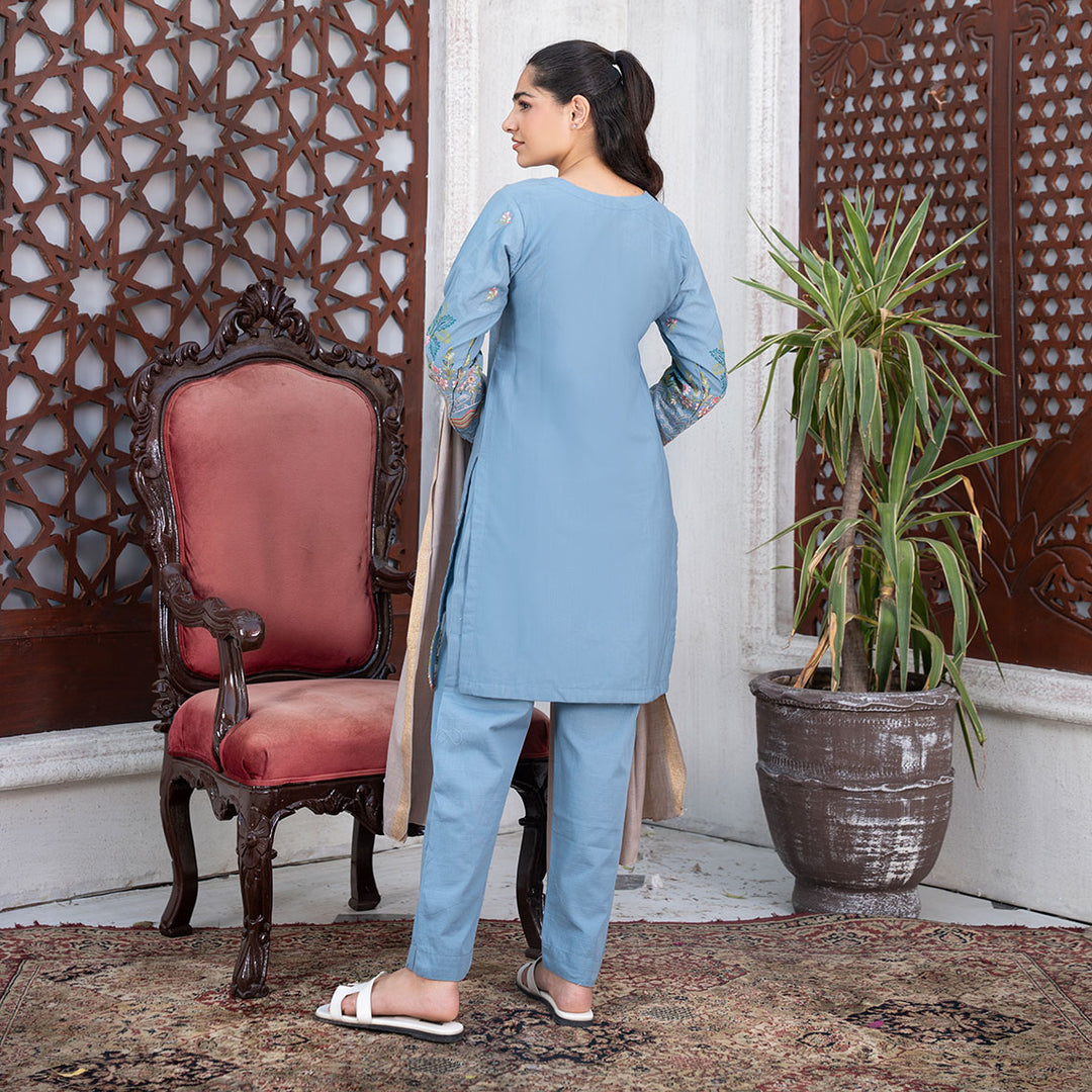 3-PC Embroidered Shirt Slub Khaddar Trouser with Wool Shawl