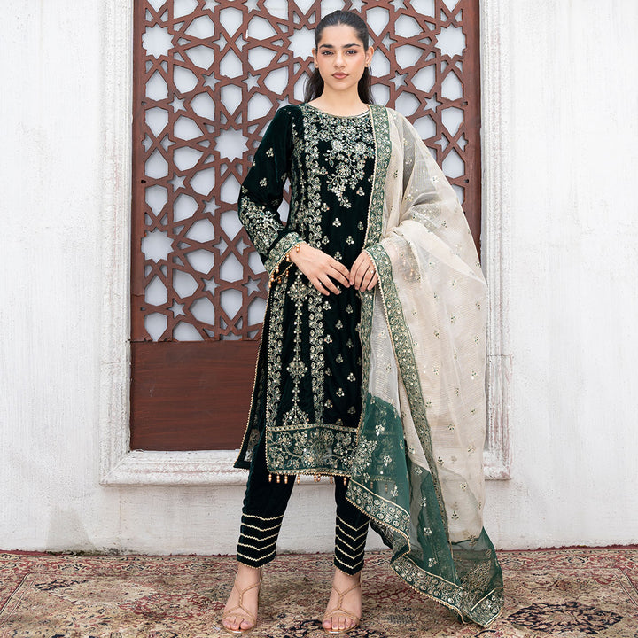 3-PC Velvet Shirt & Trouser with Striper Duppata