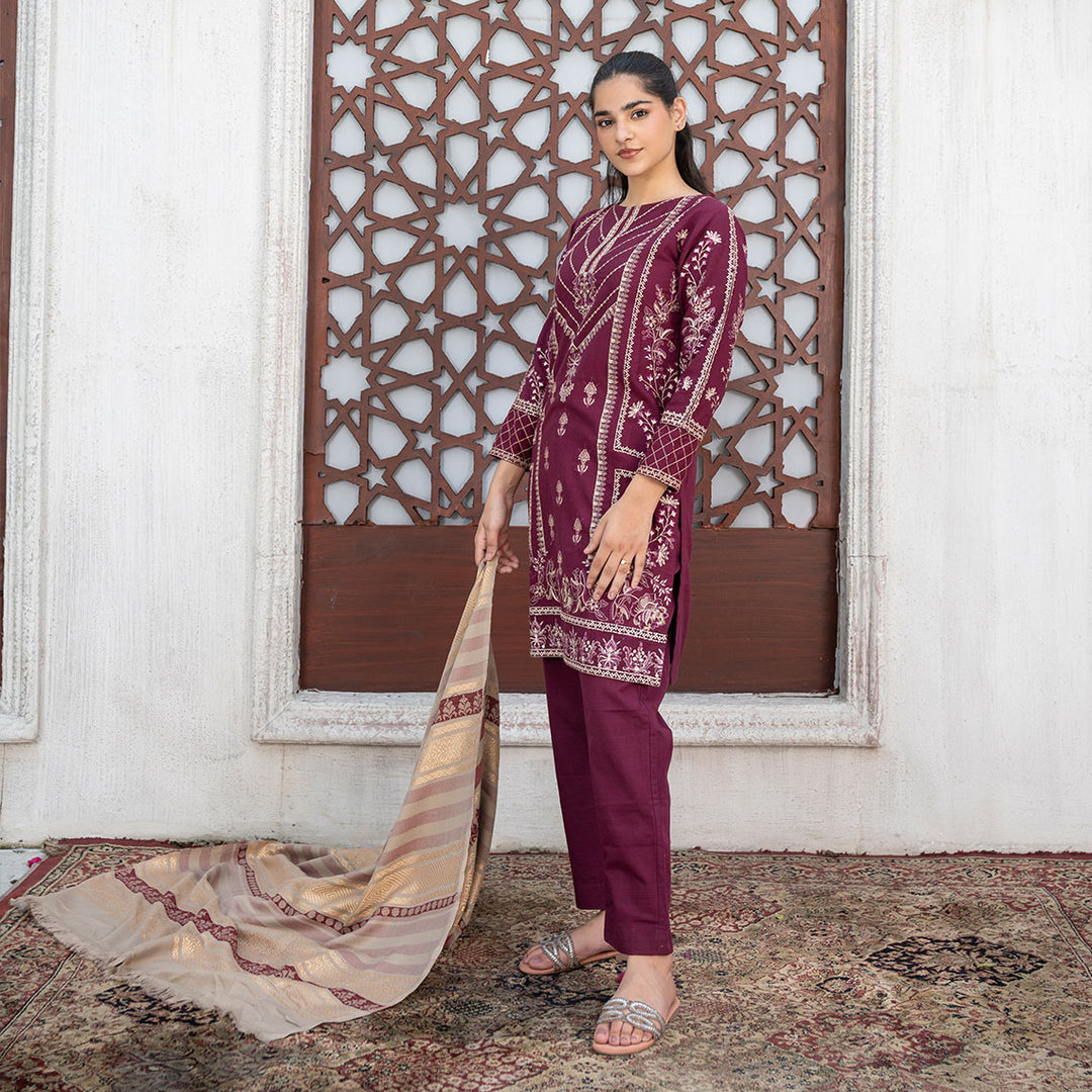 3-PC Shirt Slub Khaddar Trouser Slub Khaddar Dupatta Wool Shawl