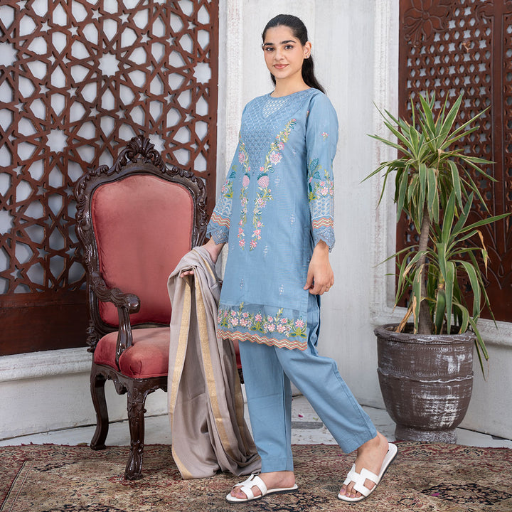 3-PC Embroidered Shirt Slub Khaddar Trouser with Wool Shawl