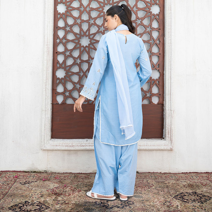 3-PC Embroidered Chamrey Shirt &Trouser with Chiffon Dupatta