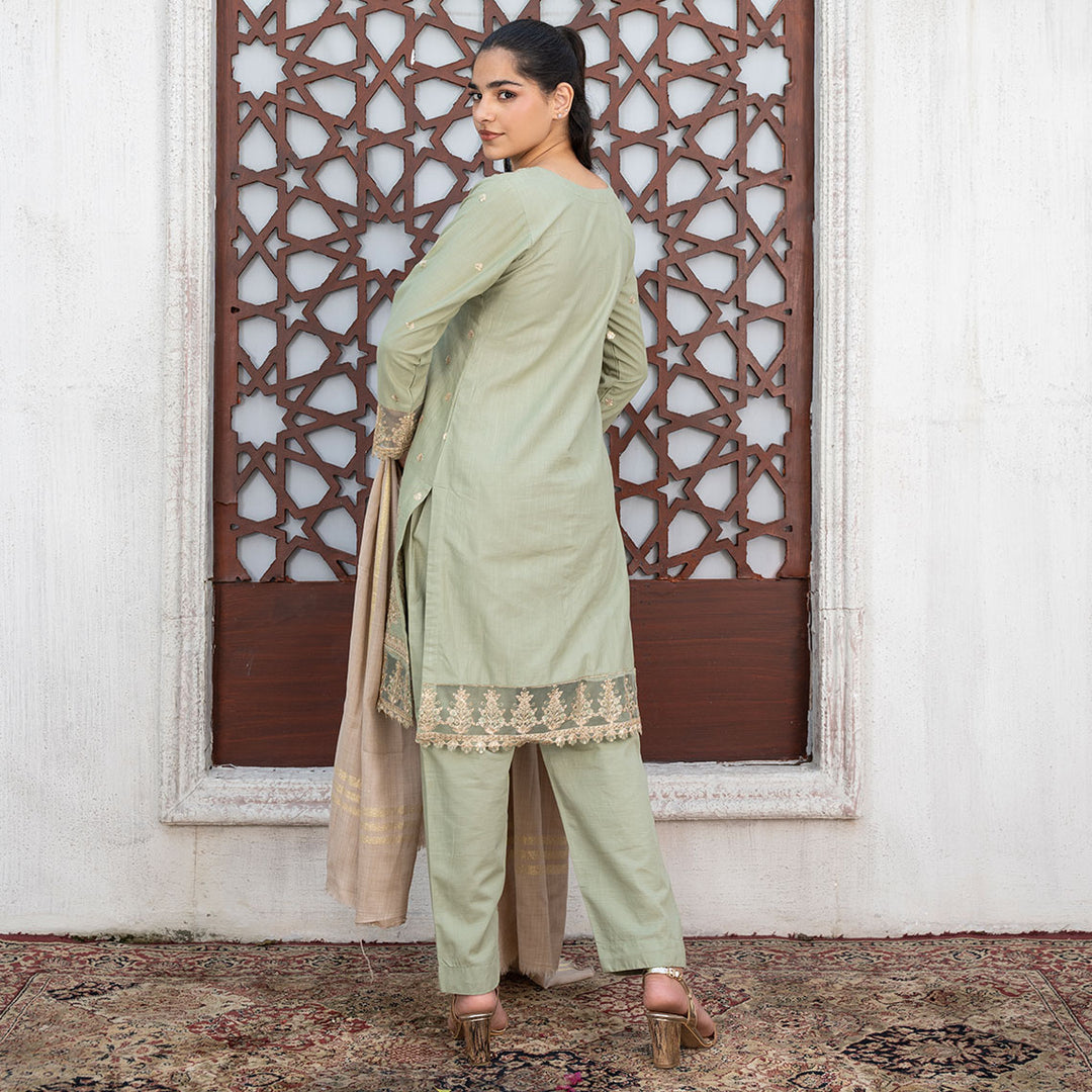 3-PC Embroidered Shirt Slub Khaddar Trouser with Wool Shawl
