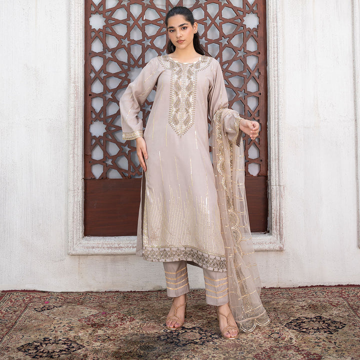 3-PC Embroidered Shirt Raw Silk Trouser& Net Dupatta