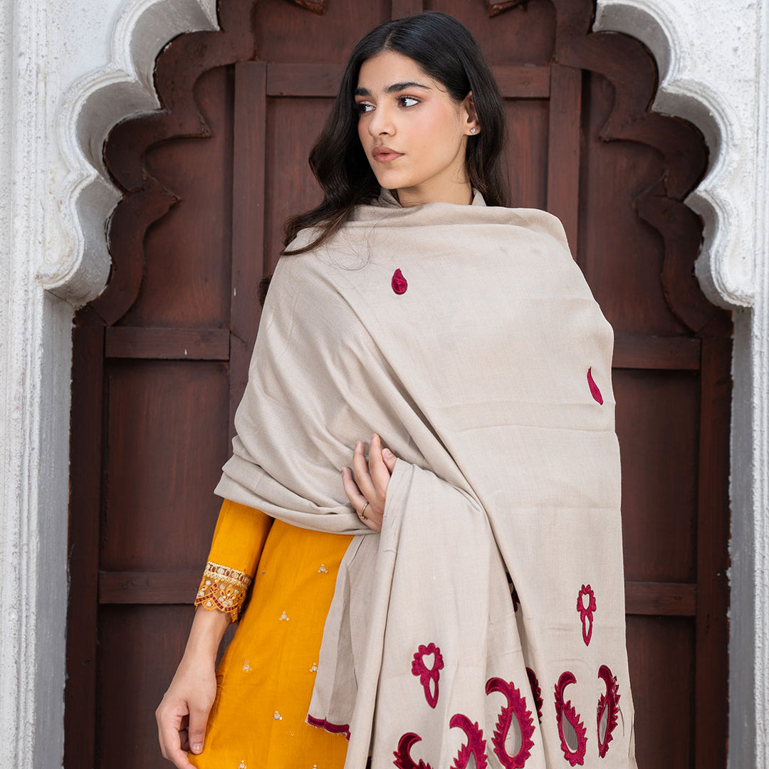 3-PC Embroidered Shirt Slub Khaddar Trouser with Wool Shawl