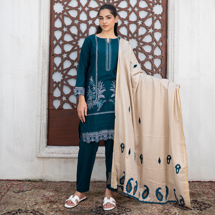 3-PC Embroidered Shirt Slub Khaddar Trouser with Wool Shawl