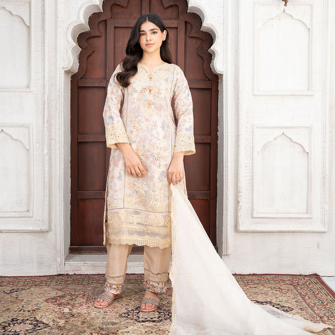 3-PC  Embroidered Net Shirt &Grip Trouser with Net Duppata
