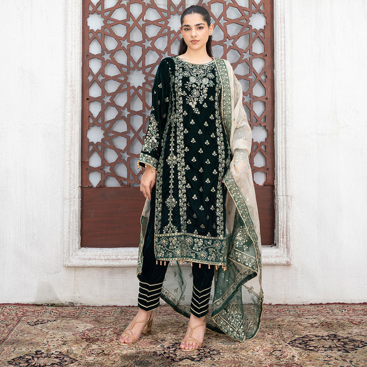 3-PC Velvet Shirt & Trouser with Striper Duppata
