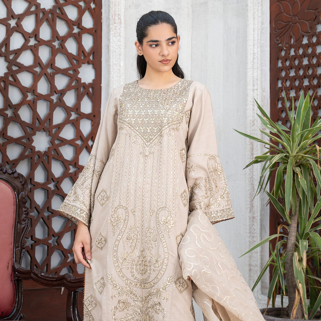 3-PC Embroidered Linen Shirt Trouser& Organza Duppata
