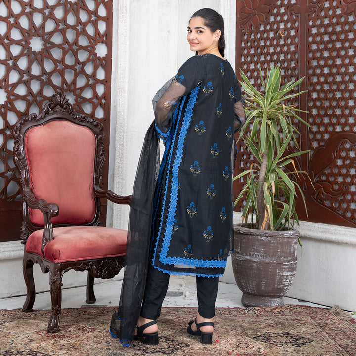 3-PC  Embroidered Net Shirt &Silk Trouser with Net Duppata