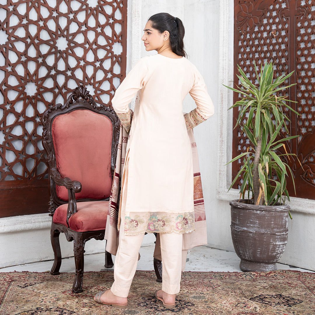 3-PC Embroidered Shirt Slub Khaddar Trouser with Wool Shawl