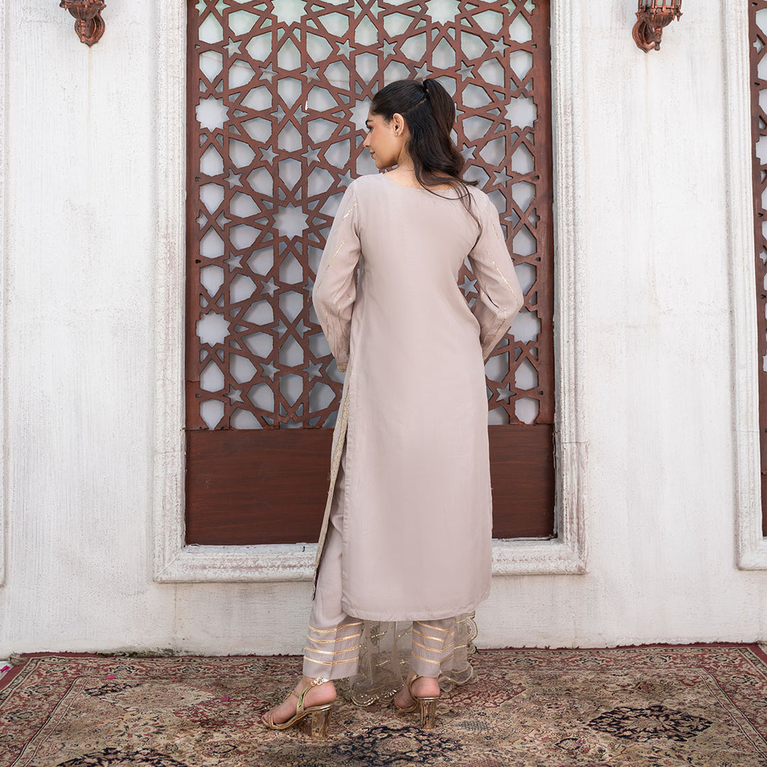 3-PC Embroidered Shirt Raw Silk Trouser& Net Dupatta
