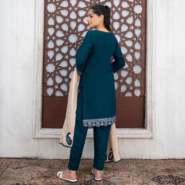 3-PC Embroidered Shirt Slub Khaddar Trouser with Wool Shawl