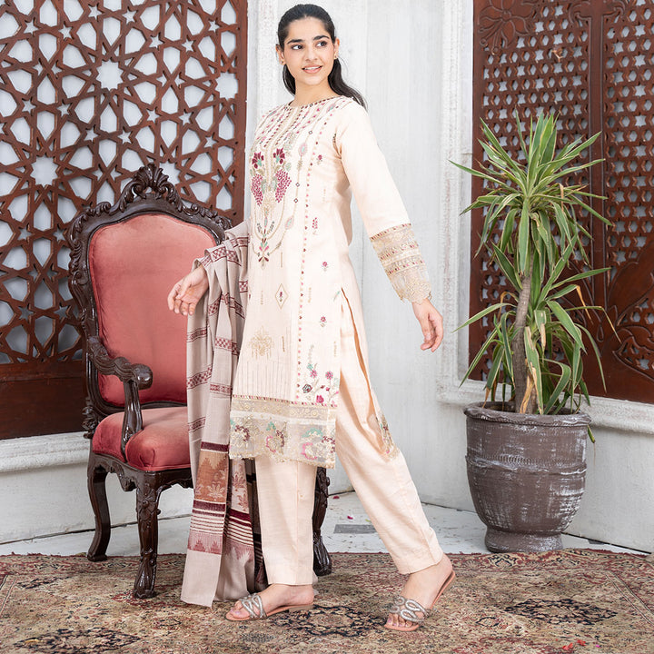 3-PC Embroidered Shirt Slub Khaddar Trouser with Wool Shawl