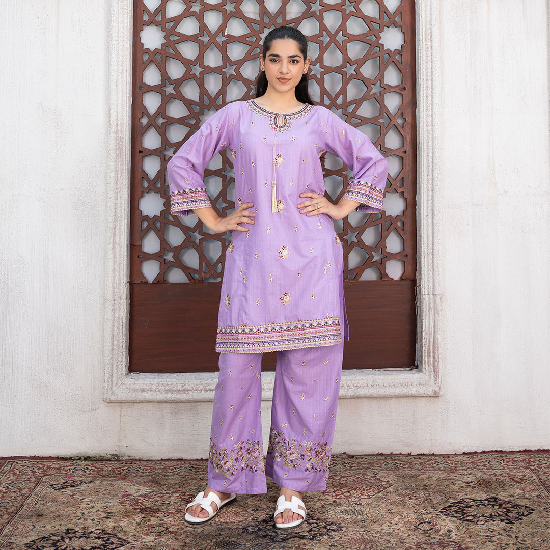 2-PC Embroidered Shirt &Cambric Trouser