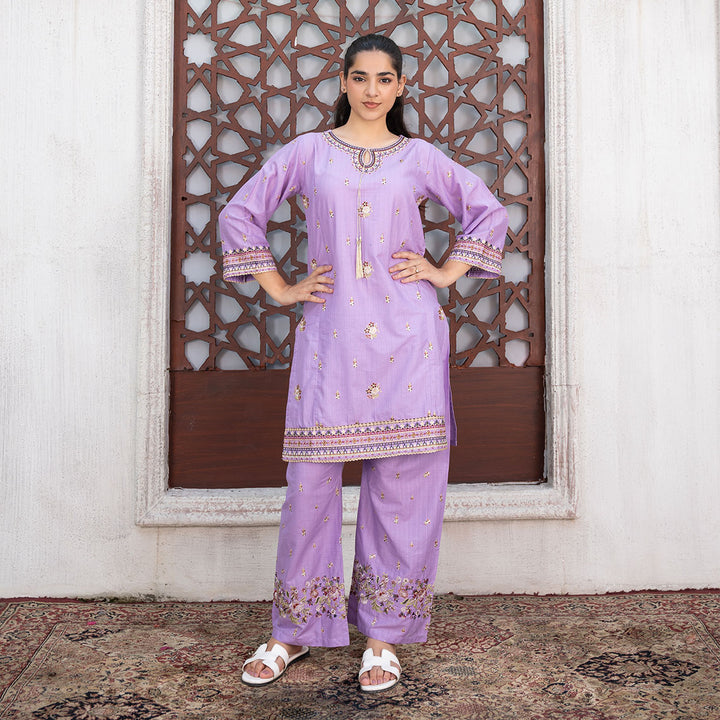 2-PC Embroidered Shirt &Cambric Trouser