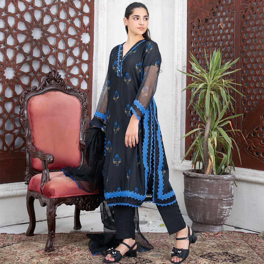 3-PC  Embroidered Net Shirt &Silk Trouser with Net Duppata