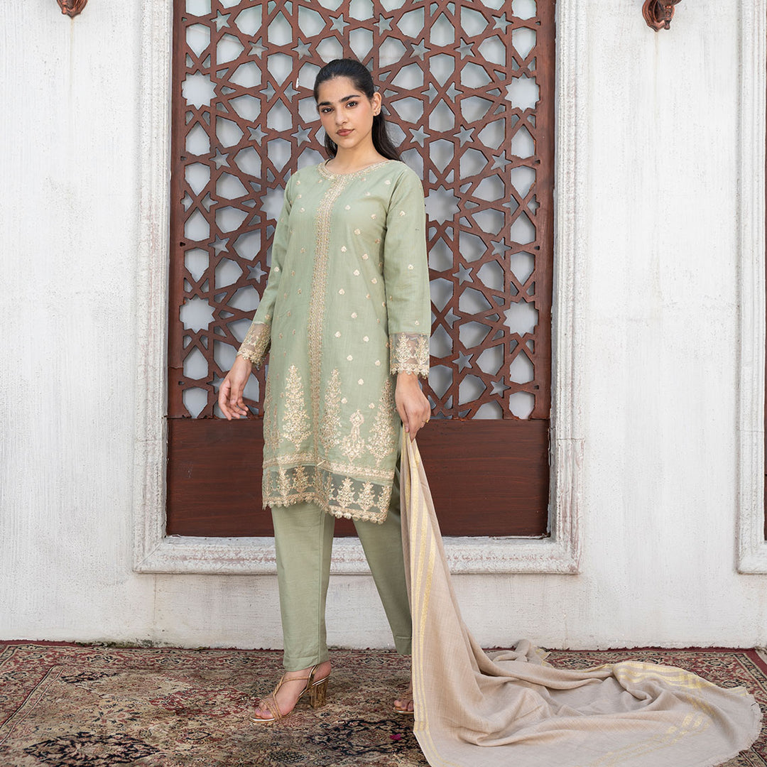 3-PC Embroidered Shirt Slub Khaddar Trouser with Wool Shawl