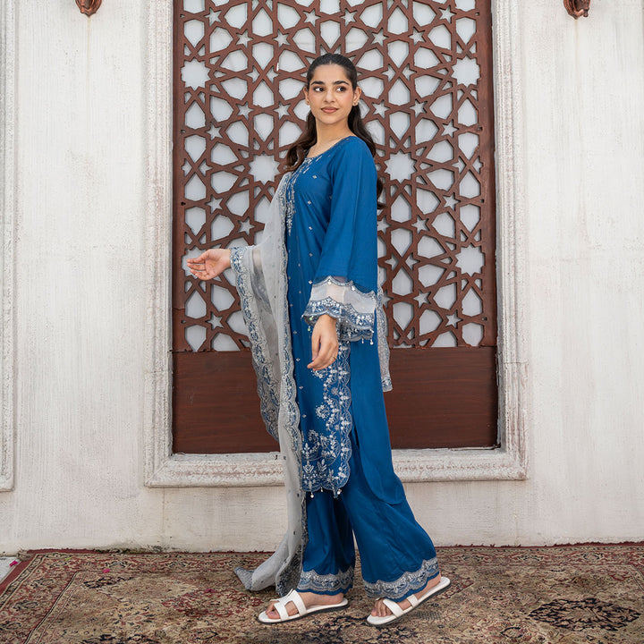 3-PC Embroidered Shirt Linen Trouser & Dupatta