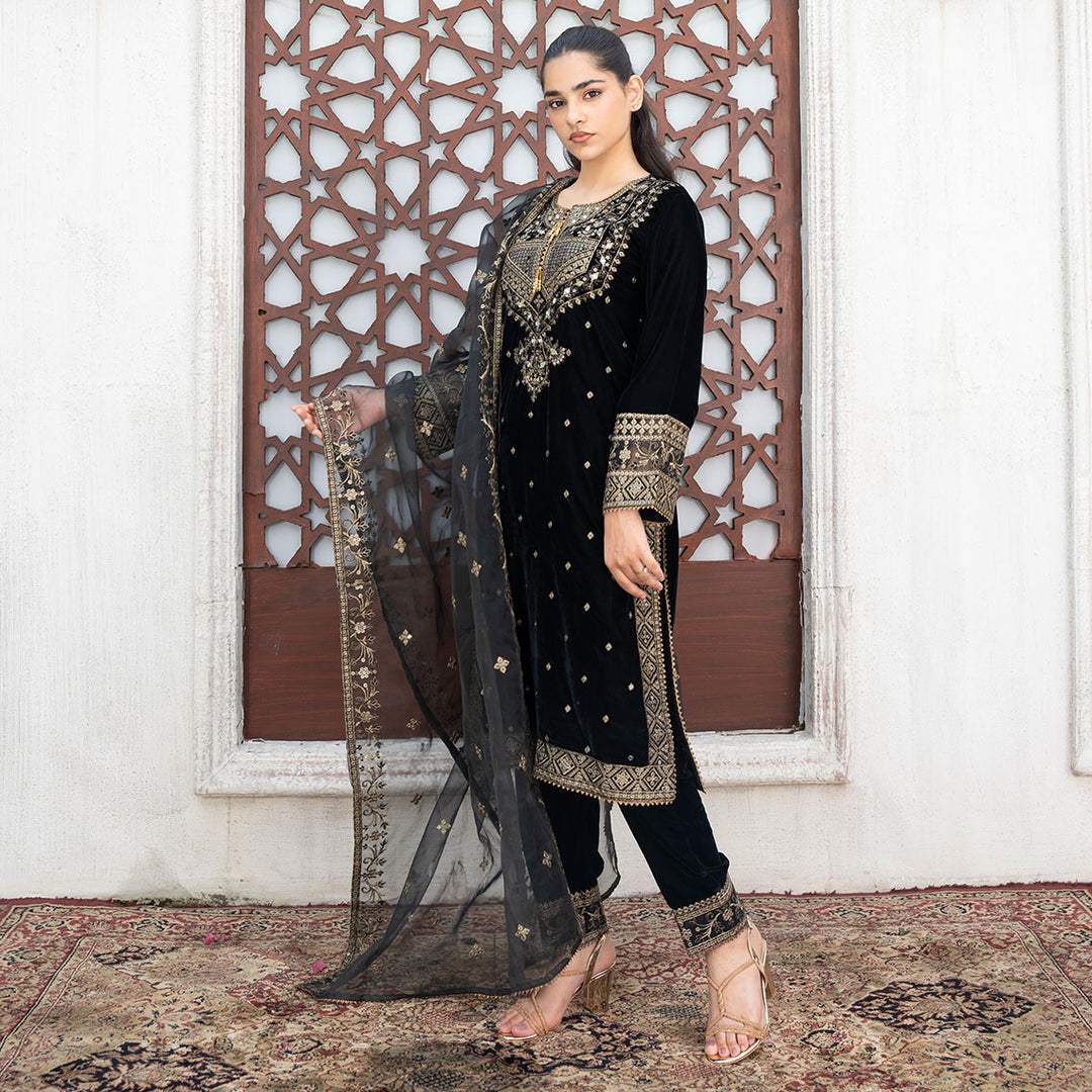 3-PC  Velvet Shirt & Trouser with Net Duppata